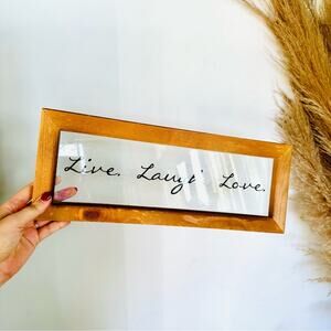 VINTAGE Tan Wood Clear Glass Black Script Live Laugh Love Wall Art Decor Sign